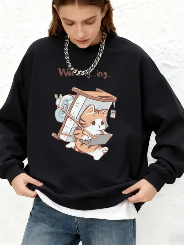 Hasta Bir Kedi Asla İşe Gelmeyi Unutmez Baskılı Kapüşonlu Kadınlar İçin Basit Sıcak Uzun Koll