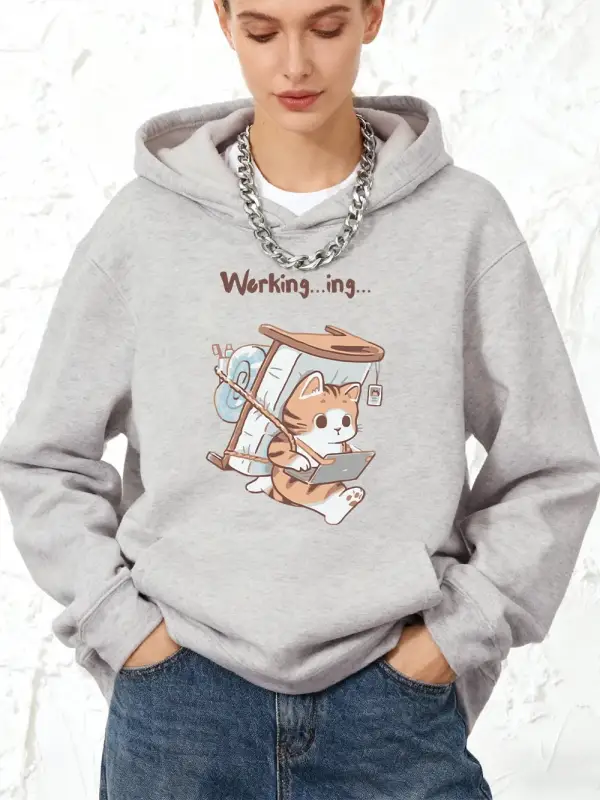 Hasta Bir Kedi Asla İşe Gelmeyi Unutmez Baskılı Kapüşonlu Üstler Pamuklu Kadınlar İçin Kışlık