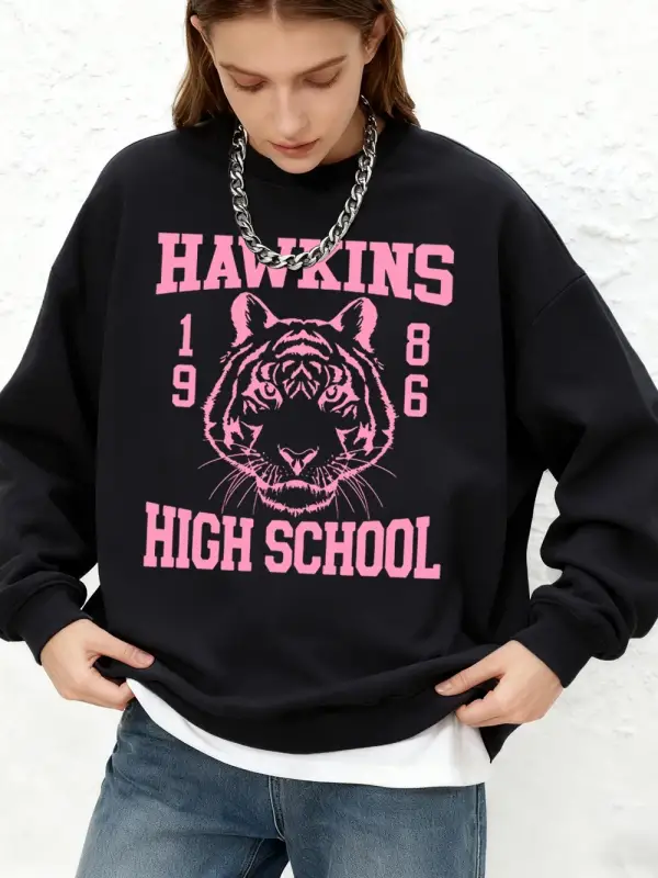 Hawkins Lisesi 1986 Baskılı Tişörtü Kadın Kışlık Bol Kapüşonlu Üstler Polar Sıcak Jogger Üstl