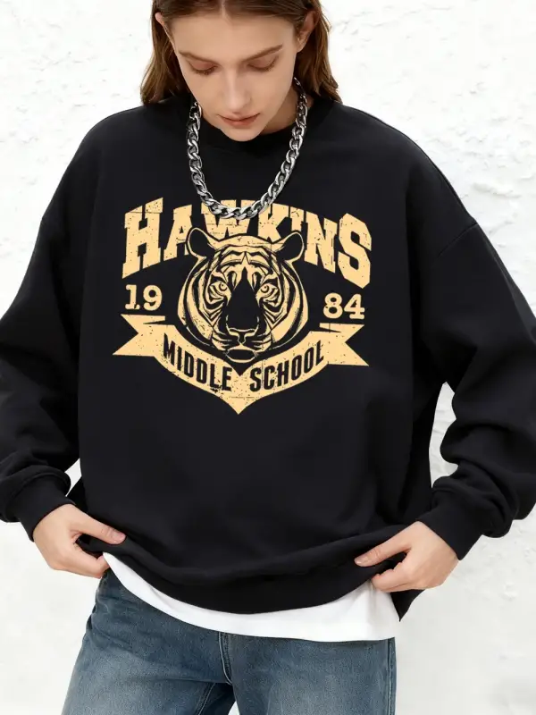 Hawkins Ortaokul 1984 Baskılı Sweatshirt Kadın Kışlık Yuvarlak Yaka Kapüşonlu Bol Jogger Kaza