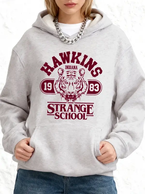 Hawkins Strange School Baskılı Kapüşonlu Üstler Pamuklu Kadın Bol Cepli Kazak Kışlık Polar Sı