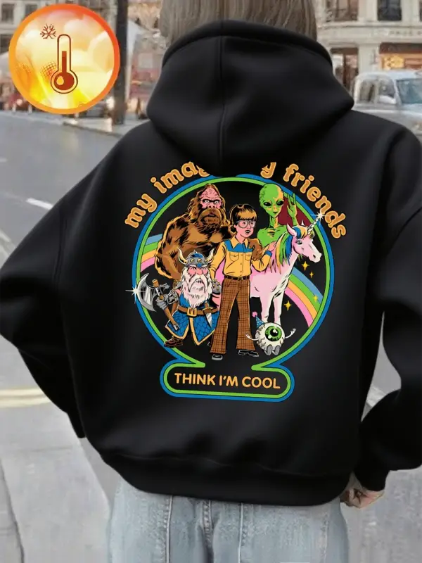 Hayali Arkadaşlarım Baskılı Kapüşonlu Üst Kadın Günlük Cepli Sweatshirt Kışlık Polar Sıcak Ka