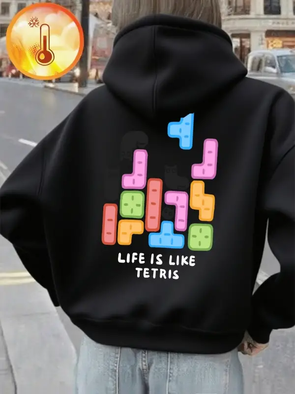 Hayat Tetris Gibi Baskılı Kapüşonlular Kadınlar Kışlık Polar Sıcak Sweatshirtler Rahat Günlük