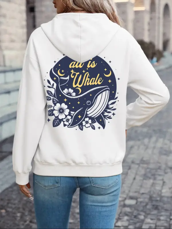 Hepsi Balina Sanat Tasarımı Baskılı Kapüşonlu Üstler Kadın Temel Cep Kazaklar Polar Sıcak Yum