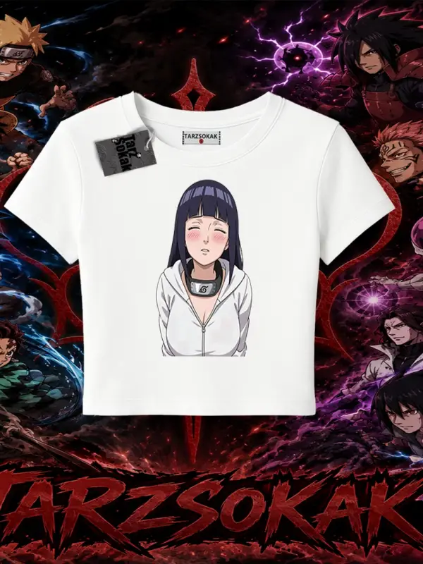 Hinata Hyuga Naruto Anime Karakteri Kadın Baby Tee Beyaz