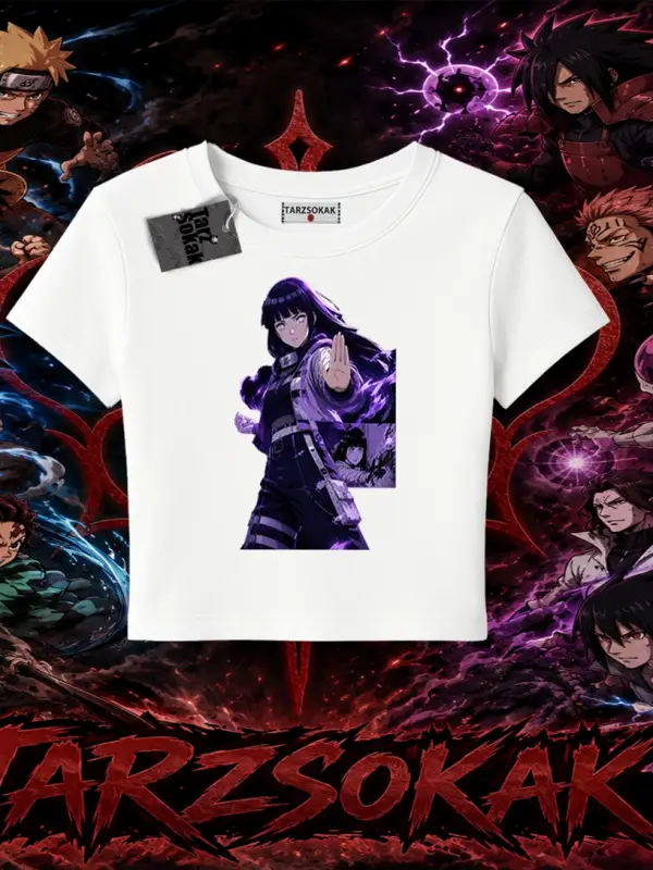 Hinata Hyuga Naruto Anime Karakteri Kadın Baby Tee Beyaz