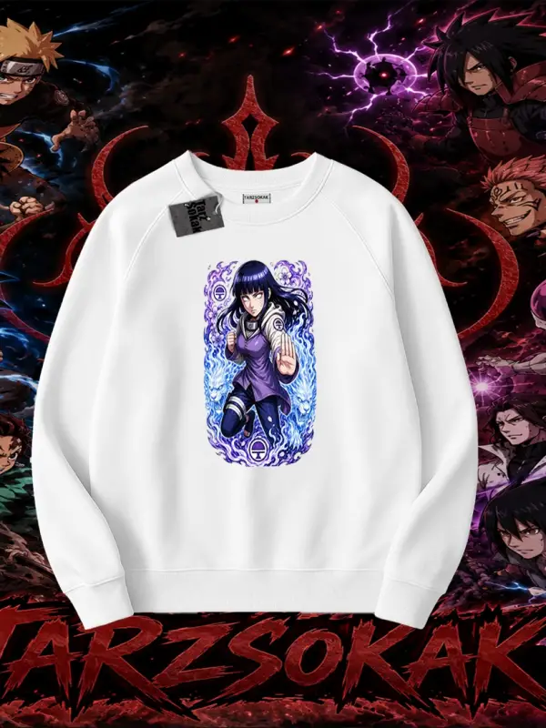 Hinata Hyuga Naruto Anime Karakteri Oversize Unisex Bisiklet Yaka Sweatshirt Beyaz