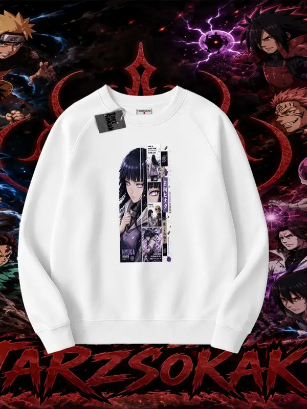 Hinata Hyuga Naruto Anime Karakteri Oversize Unisex Bisiklet Yaka Sweatshirt Beyaz