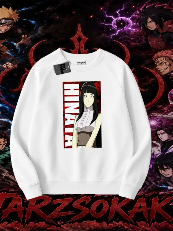 Hinata Hyuga Naruto Anime Karakteri Oversize Unisex Bisiklet Yaka Sweatshirt Beyaz