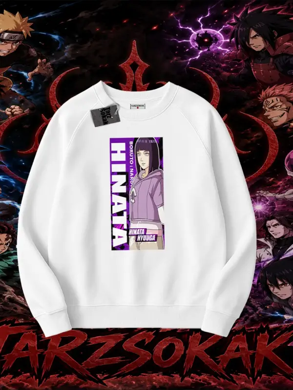 Hinata Hyuga Naruto Anime Karakteri Oversize Unisex Bisiklet Yaka Sweatshirt Beyaz