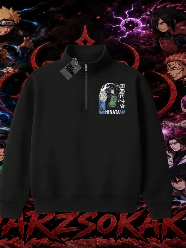 Hinata Hyuga Naruto Anime Karakteri Unisex Polo Yaka Yarım Fermuarlı Sweatshirt Beyaz