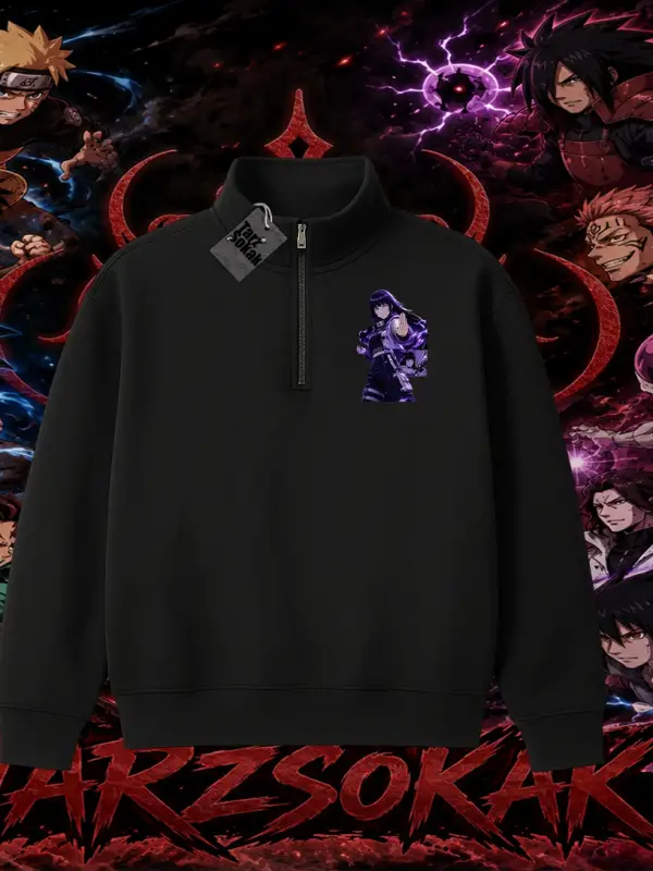 Hinata Hyuga Naruto Anime Karakteri Unisex Polo Yaka Yarım Fermuarlı Sweatshirt Beyaz