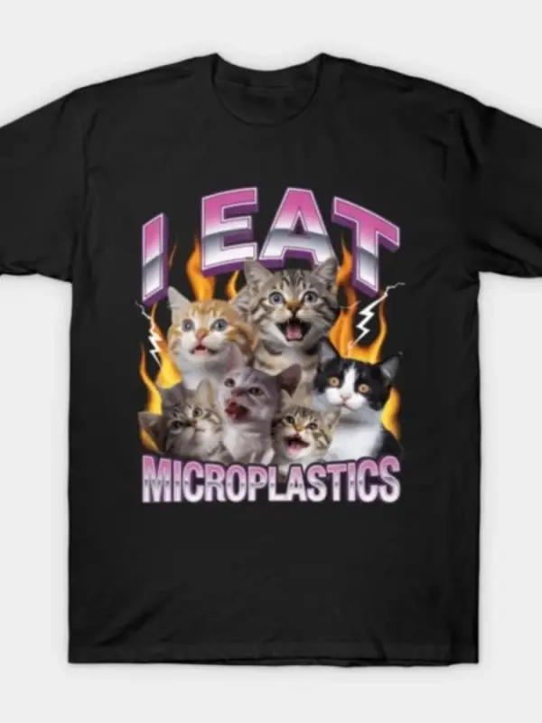 I Eat Cats Meme with Fire and Lightning T-shirt Erkekler Kadınlar için %100 Pamuklu Tişörtler