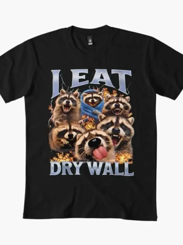 I Eat Drywall Komik Rakun Meme Bootleg Grafik Tişört Erkekler Kadınlar İçin %100 Pamuklu Tişö