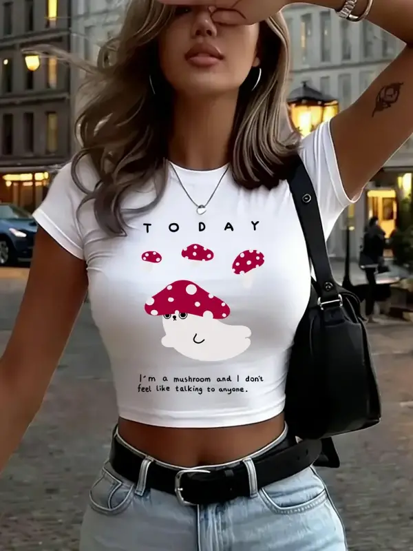 IM A Mushroom Baskılı Kadın Babby TeeTişörtleri Yazlık Yumuşak Yüksek Esnek Üstler O-Yaka Kısa K