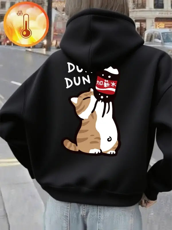 İçecek Karikatür Dun Dun Kedi Baskılı Kapüşonlu Üstler Kadın Rahat Bol Sweatshirtler Kışlık P