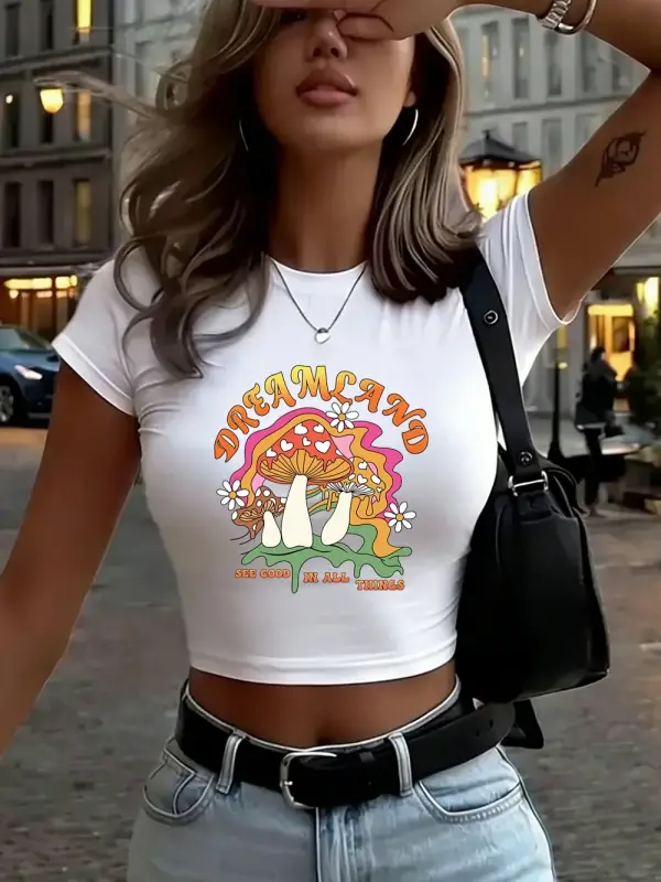 İlginç Mantar Baskılar Bayan Kırpma Üstleri Yaz İnce O-Boyun Sokak Stili Yumuşak Kısa Kollu T