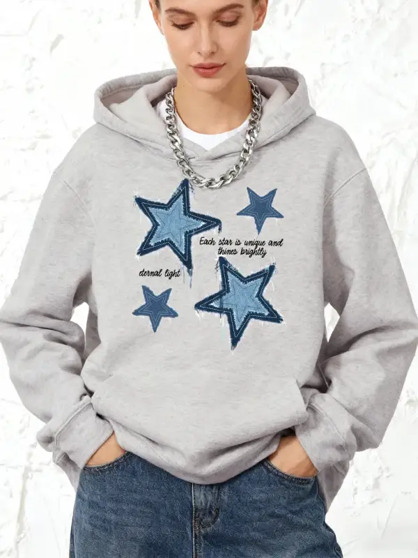 İmitasyon Denim Yıldız Baskılı Kapüşonlu Üstler Pamuklu Kadın Kışlık Bol Kazak Polar Sıcak Ko