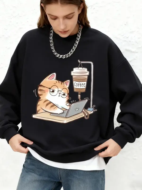 İş kedileri kahve baskılı kazak kadın rahat sıcak uzun kollu kapüşonlu üst Jogger bisiklet ya