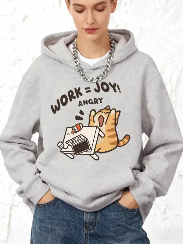 İş=Sevinç Kızgın Kedi Baskılı Kapüşonlu Üstler Pamuklu Kadın Kışlık Polar Sıcak Kazak Cepli J