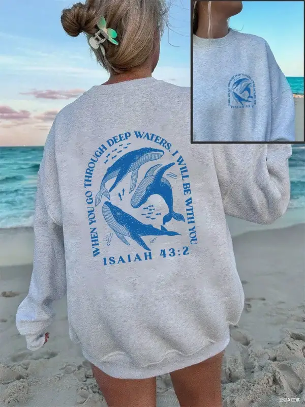 Isaiah 43 2 Balina Baskılı Sweatshirt Kadınlar İçin Bisiklet Yaka Basic Kapüşonlu Sweatshirtl