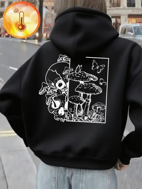 İskelet Mantar Kelebek Baskılı Kapüşonlu Kadınlar İçin Basit Cepli Sweatshirt Sonbahar Polar