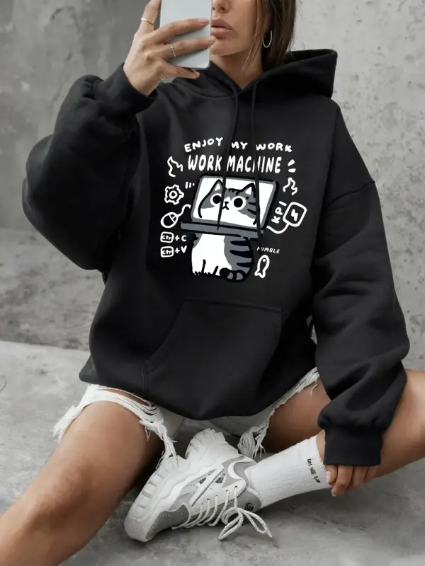 İşlerimi Keyfini Çıkarın Kedi Baskılı Tişörtler Bayanlar Kışlık Polar Sıcak Kapüşonlu Üstler