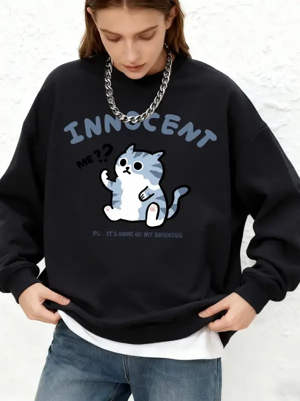 İşletmemin İlgisi Değil Kedi Baskılı Sweatshirt Kadın Günlük Jogger Sıcak Kapüşonlu Üst Crewn