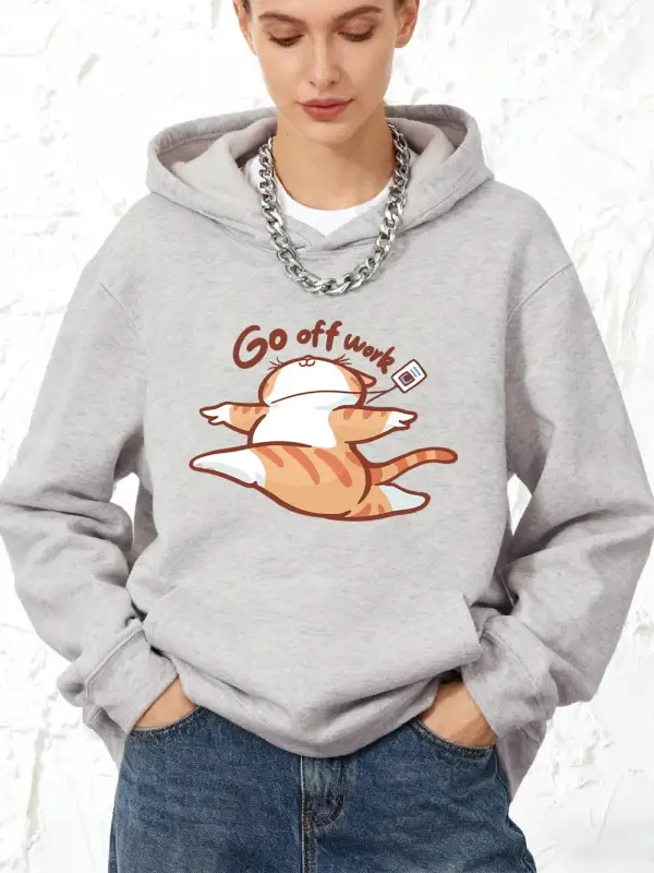 İşten Çıkın Mutlu Kedi Baskılı Pamuklu Kapüşonlu Üstler Kadınlar İçin Kışlık Polar Sıcak Swea