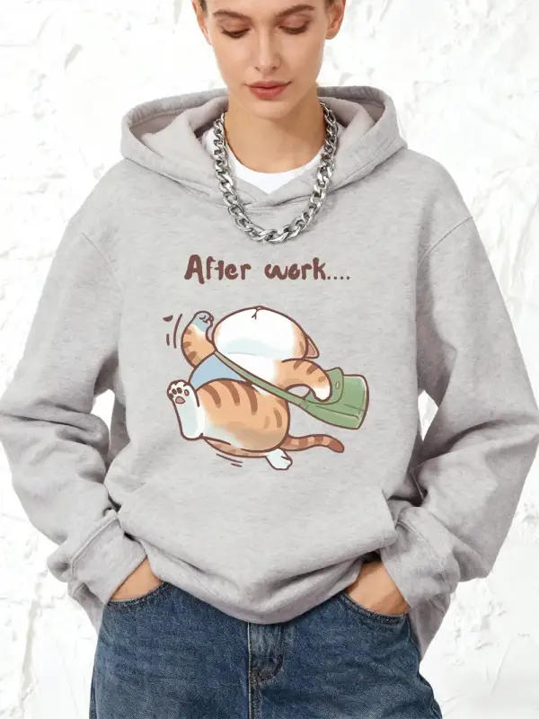 İşten Çıktıktan Sonra Koşan Kedi Baskılı Pamuklu Kapüşonlu Üstler Kadın Kışlık Cepli Sweatshi