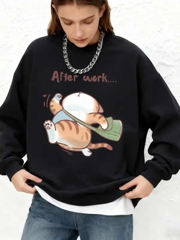 İşten sonra koşan kedi baskı kapüşonlu üstler kadın kış Jogger sıcak tişörtü o-boyun büyük bo