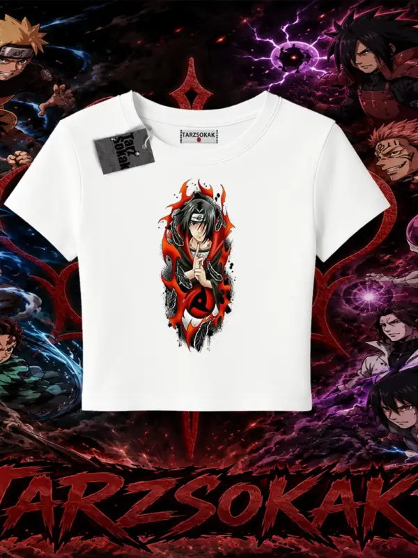 Itachi Uchiha Naruto Anime Karakteri Kadın Baby Tee Beyaz