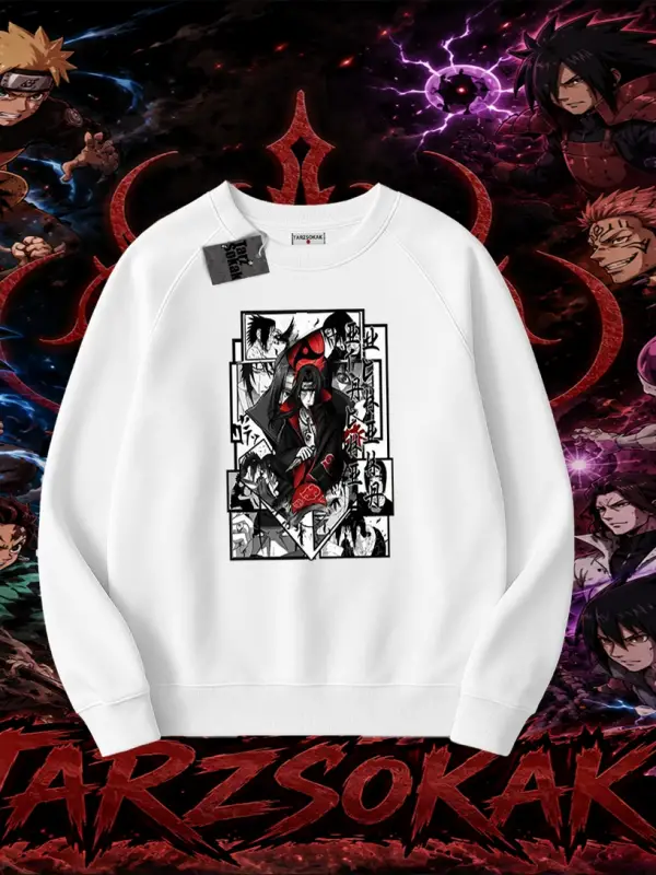 Itachi Uchiha Naruto Anime Karakteri Oversize Unisex Bisiklet Yaka Sweatshirt Beyaz
