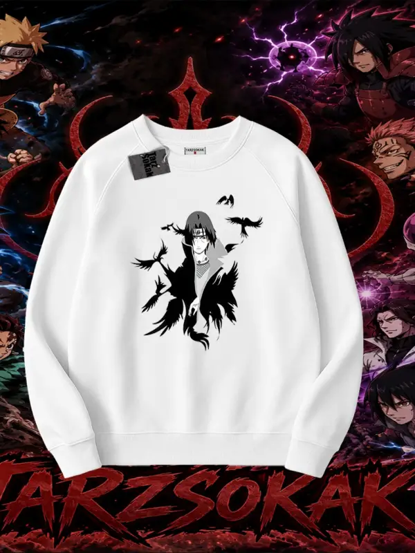 Itachi Uchiha Naruto Anime Karakteri Oversize Unisex Bisiklet Yaka Sweatshirt Beyaz