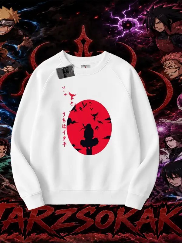 Itachi Uchiha Naruto Anime Karakteri Oversize Unisex Bisiklet Yaka Sweatshirt Beyaz