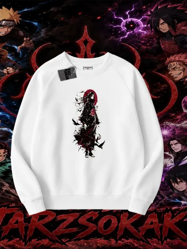 Itachi Uchiha Naruto Anime Karakteri Oversize Unisex Bisiklet Yaka Sweatshirt Beyaz