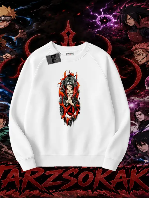Itachi Uchiha Naruto Anime Karakteri Oversize Unisex Bisiklet Yaka Sweatshirt Beyaz