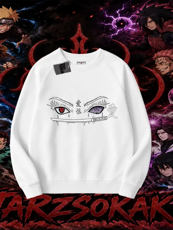 Itachi Uchiha Naruto Anime Karakteri Oversize Unisex Bisiklet Yaka Sweatshirt Beyaz