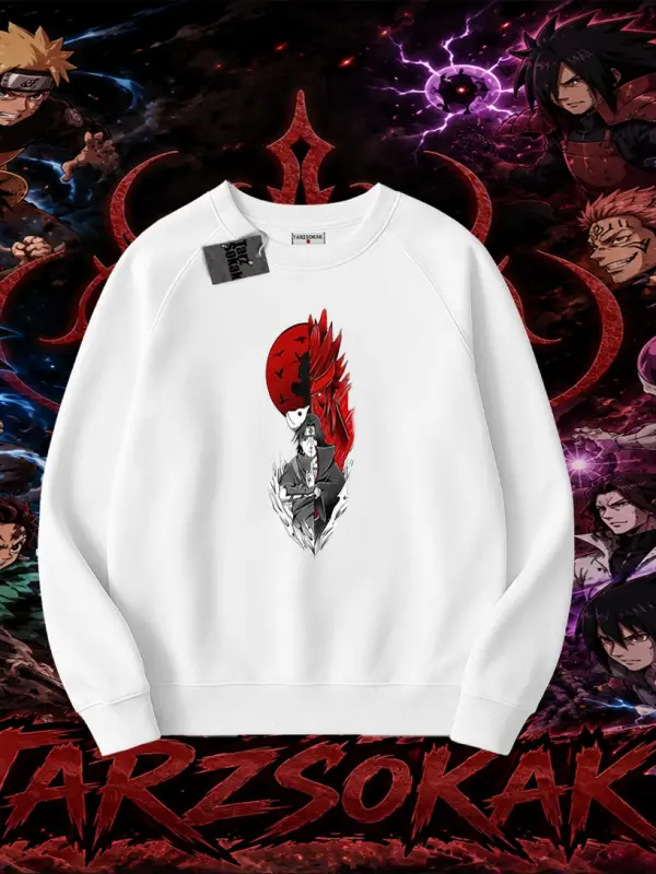 Itachi Uchiha Naruto Anime Karakteri Oversize Unisex Bisiklet Yaka Sweatshirt Beyaz