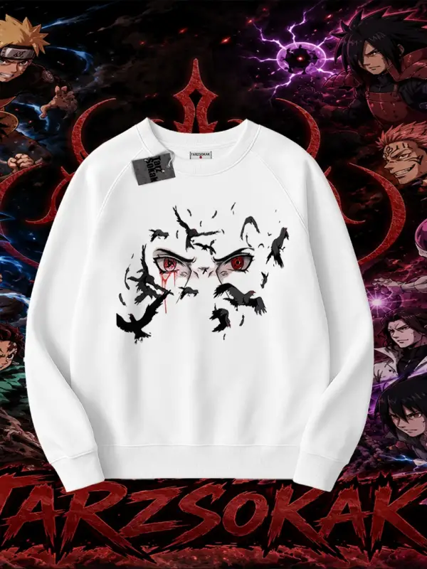 Itachi Uchiha Naruto Anime Karakteri Oversize Unisex Bisiklet Yaka Sweatshirt Beyaz