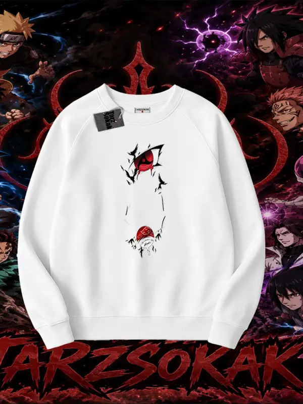 Itachi Uchiha Naruto Anime Karakteri Oversize Unisex Bisiklet Yaka Sweatshirt Beyaz