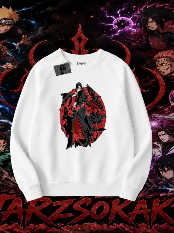Itachi Uchiha Naruto Anime Karakteri Oversize Unisex Bisiklet Yaka Sweatshirt Beyaz