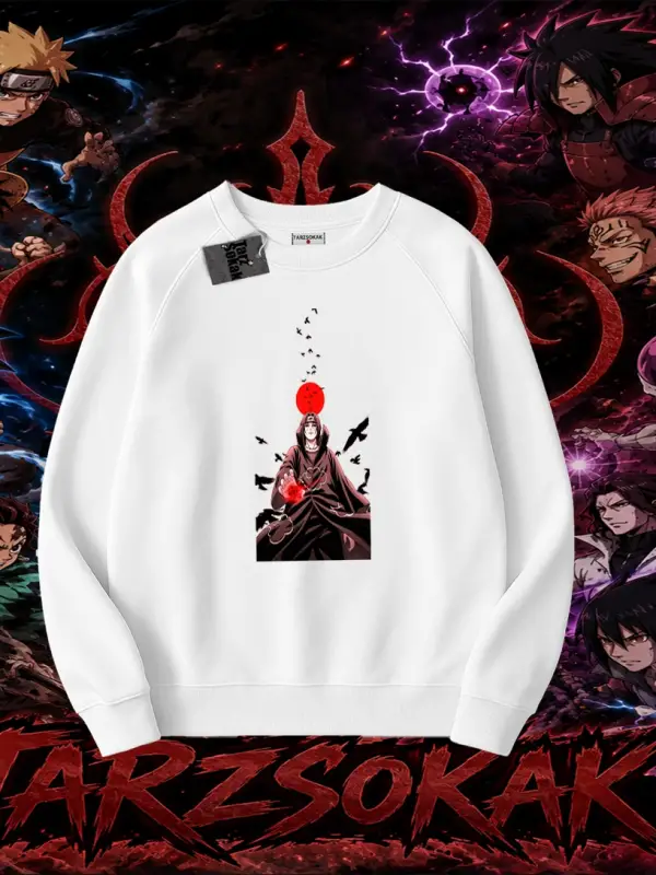Itachi Uchiha Naruto Anime Karakteri Oversize Unisex Bisiklet Yaka Sweatshirt Beyaz