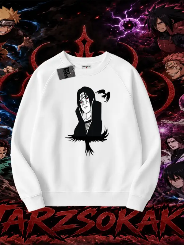 Itachi Uchiha Naruto Anime Karakteri Oversize Unisex Bisiklet Yaka Sweatshirt Beyaz