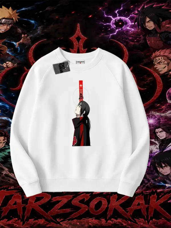 Itachi Uchiha Naruto Anime Karakteri Oversize Unisex Bisiklet Yaka Sweatshirt Beyaz