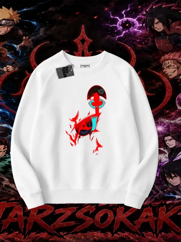 Itachi Uchiha Naruto Anime Karakteri Oversize Unisex Bisiklet Yaka Sweatshirt Beyaz