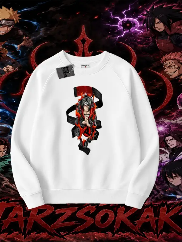 Itachi Uchiha Naruto Anime Karakteri Oversize Unisex Bisiklet Yaka Sweatshirt Beyaz