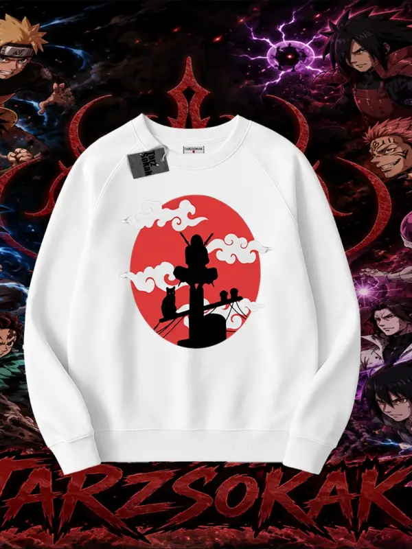 Itachi Uchiha Naruto Anime Karakteri Oversize Unisex Bisiklet Yaka Sweatshirt Beyaz