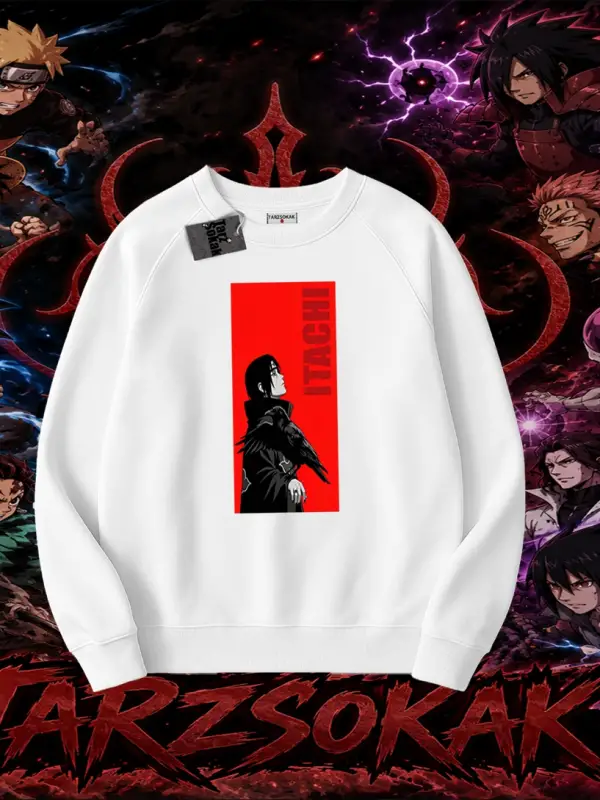 Itachi Uchiha Naruto Anime Karakteri Oversize Unisex Bisiklet Yaka Sweatshirt Beyaz
