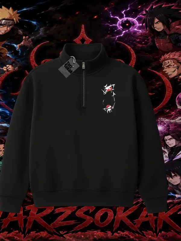 Itachi Uchiha Naruto Anime Karakteri Unisex Polo Yaka Yarım Fermuarlı Sweatshirt Beyaz